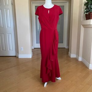 Alexa B Nites Red Ruffle Front Cap Sleeves Maxi Dress